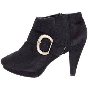 Lane Bryan Black Faux Suede Buckle Ankle Bootie